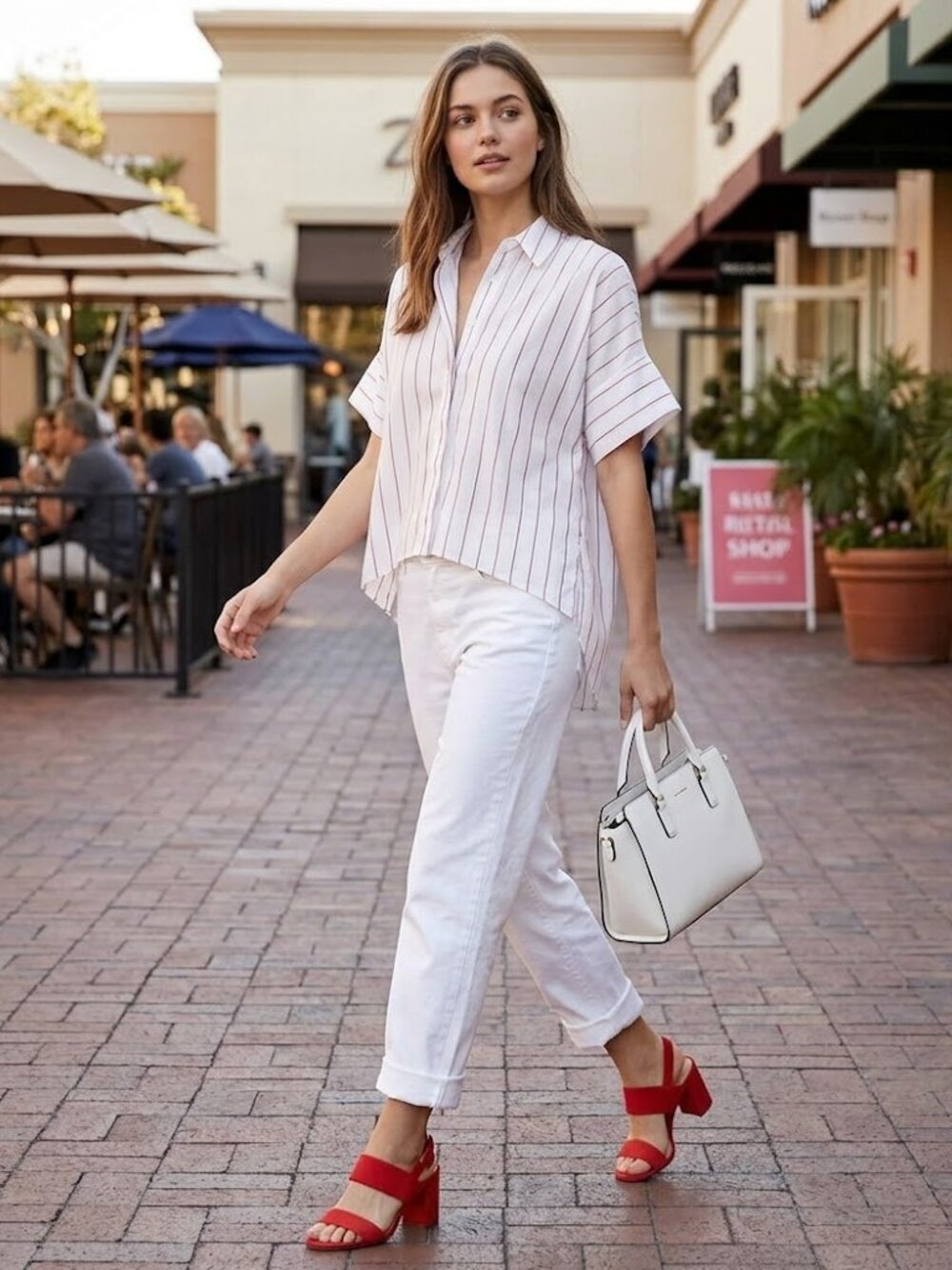 ALICE & OLIVIA White Button Up Shirt with Red Stripes – Small